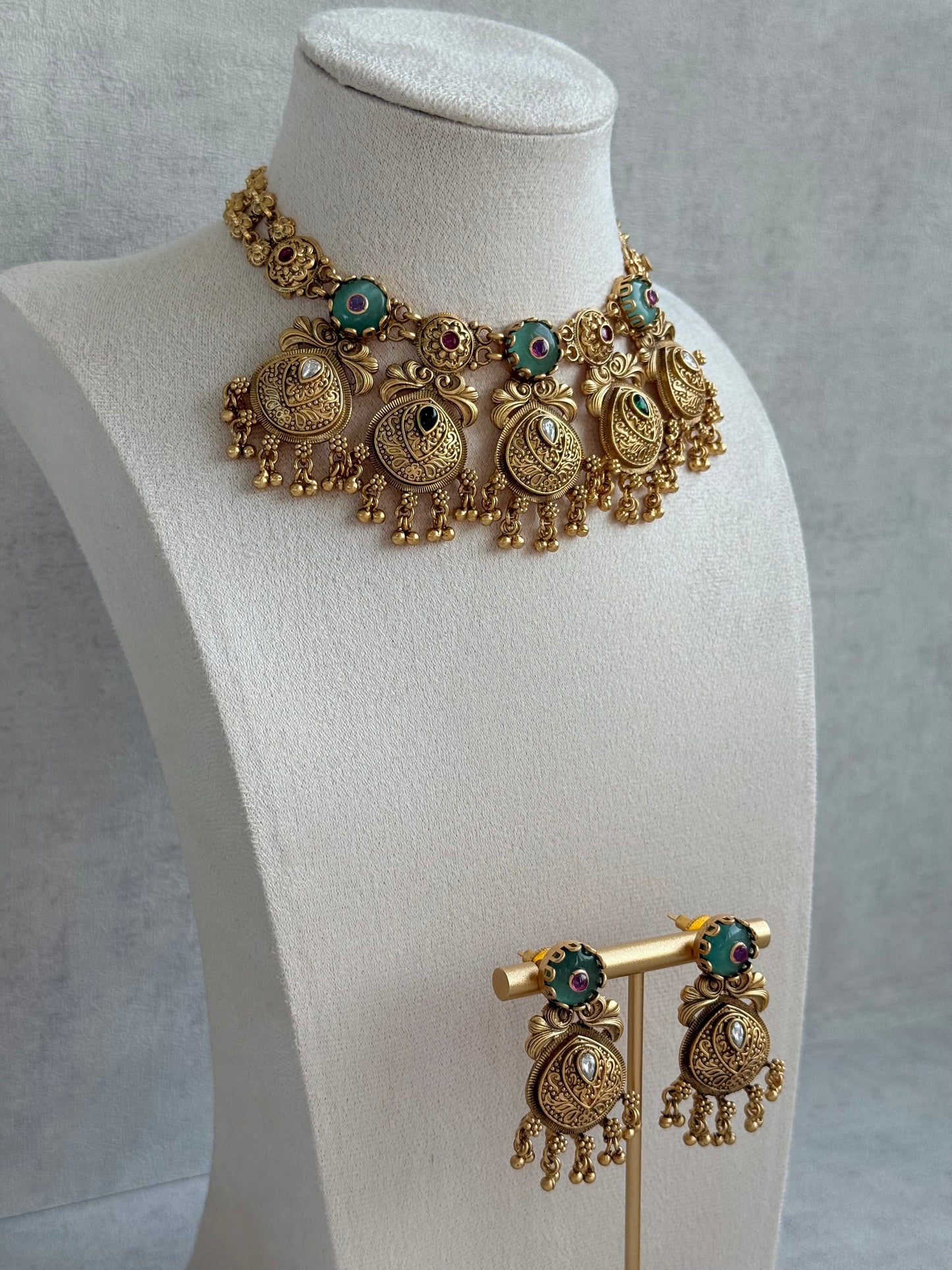Ayura Designs Alera Set with Necklace & Earrings – Peacock Green and Rani Pink with Antique Gold Ghungroo Detailing