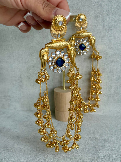 Ayura Designs Meelan Earrings – Antique Gold Earrings with Bird Motifs, Navy Stone & Ghungroo Detailing