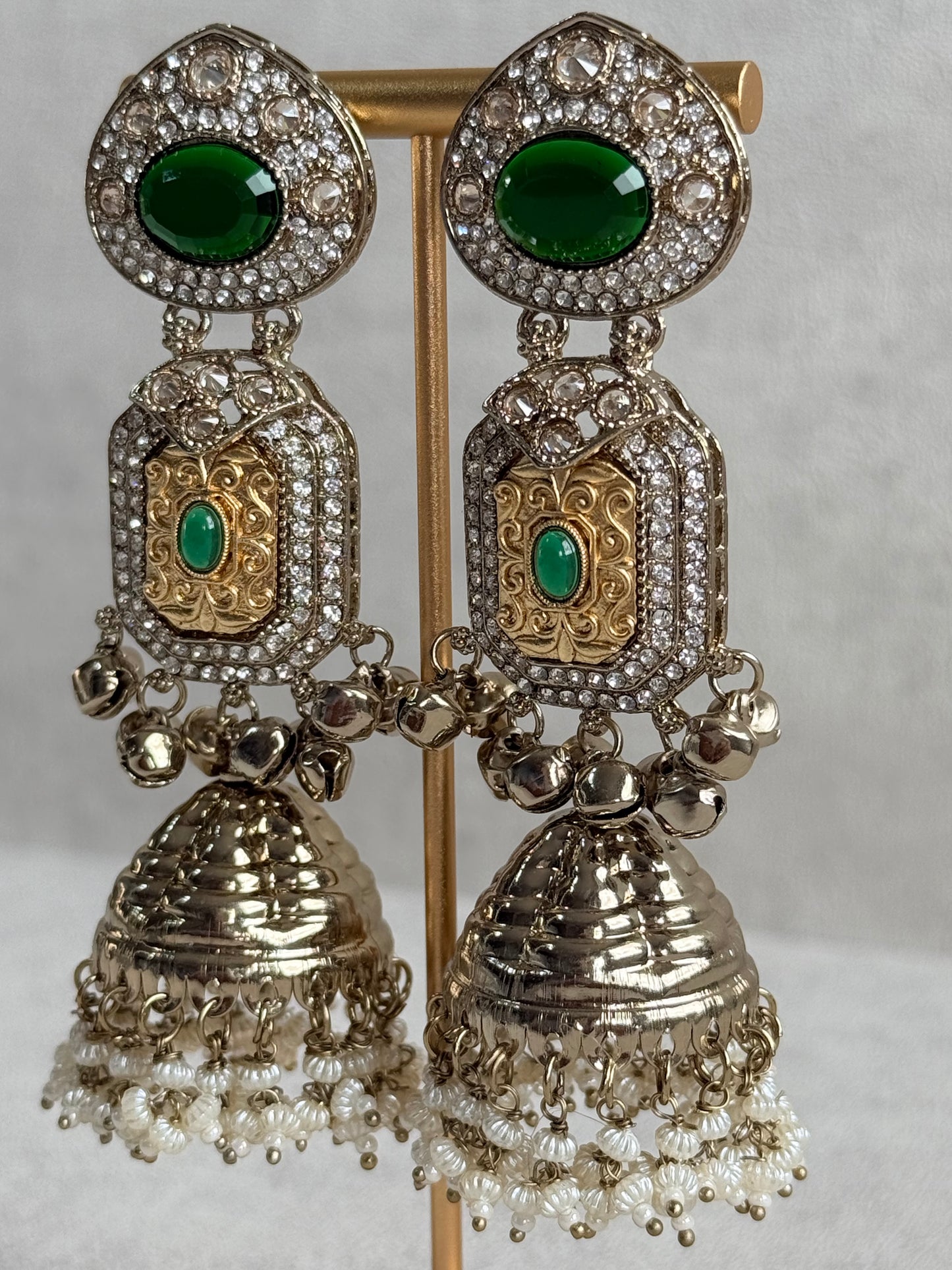 Ayura Designs Maara Jhumkis – Champagne Gold with Emerald Green Stones, Crystals, Ghungroos & Pearl Detailing
