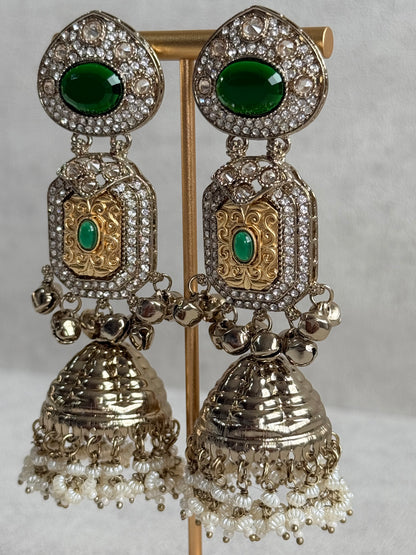 Ayura Designs Maara Jhumkis – Champagne Gold with Emerald Green Stones, Crystals, Ghungroos & Pearl Detailing