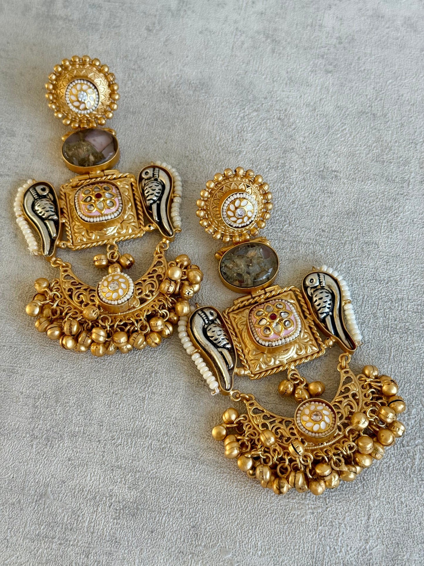 Ayura Designs Soha Earrings – Antique Gold with Smoky Grey Stone & Oxidised Parrots