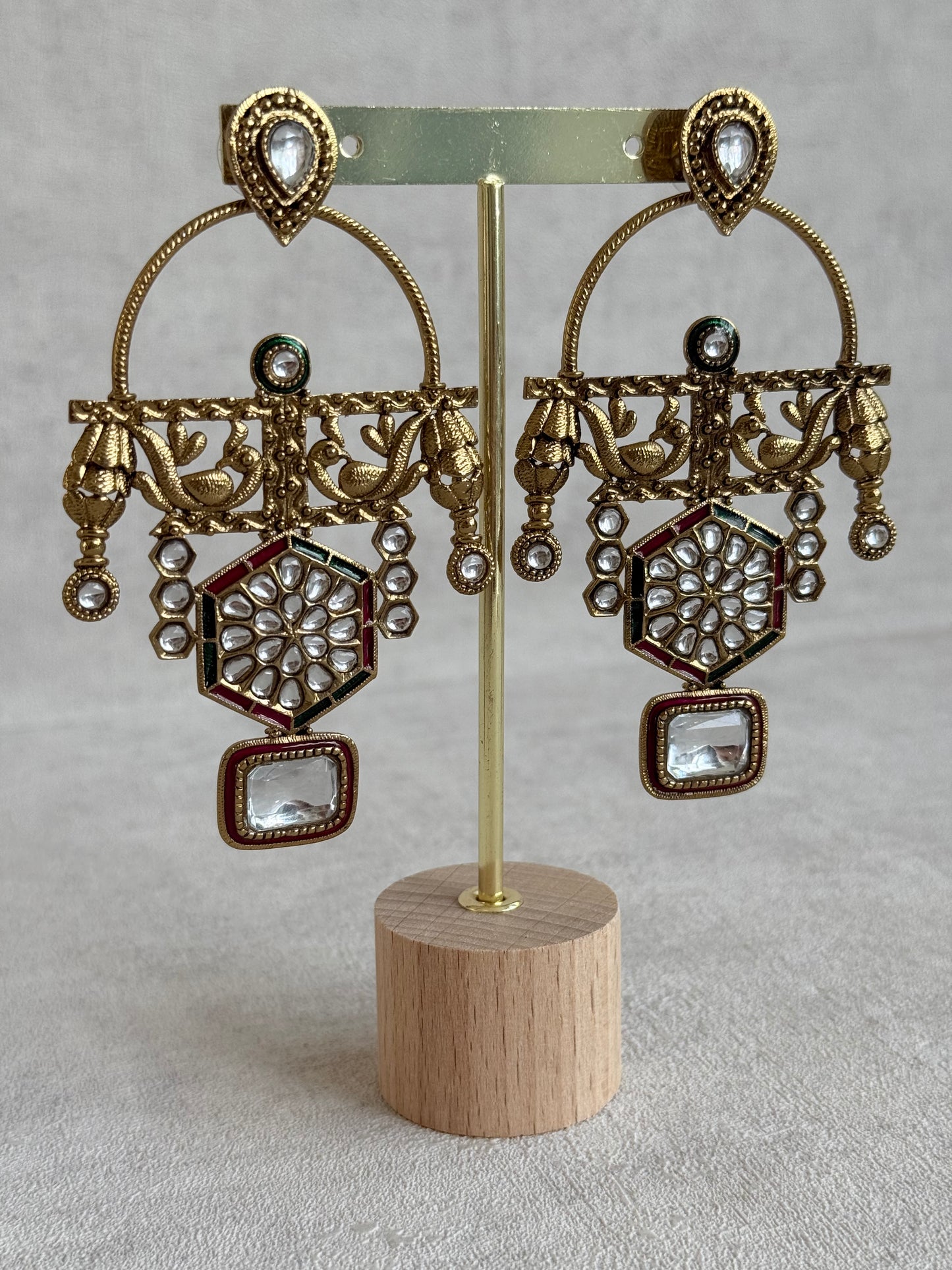 Ayura Designs Irene Earrings – Green & Pink Kundan, Meenakari & Crystal Peacock Chandeliers in Gold