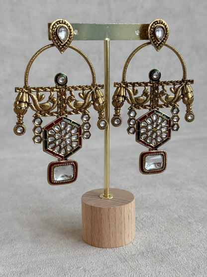 Ayura Designs Irene Earrings – Green & Pink Kundan, Meenakari & Crystal Peacock Chandeliers in Gold