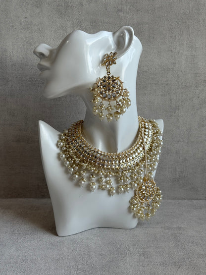 Ayura Designs Fakhra Set with Necklace, Earrings & Tikka – Mirror-Cut Stones, Pearl Detailing & Gold Finish