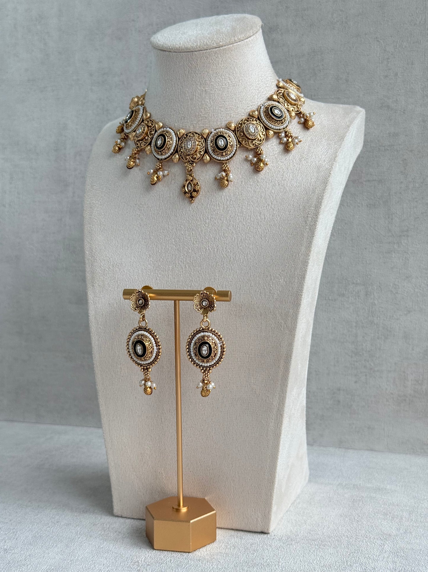 Ayura Designs Livia Necklace Set with Earrings – Green Enamel, Kundan & Pearl Detailing in Antique Gold Finish