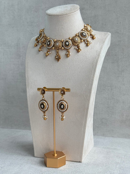 Ayura Designs Livia Necklace Set with Earrings – Green Enamel, Kundan & Pearl Detailing in Antique Gold Finish