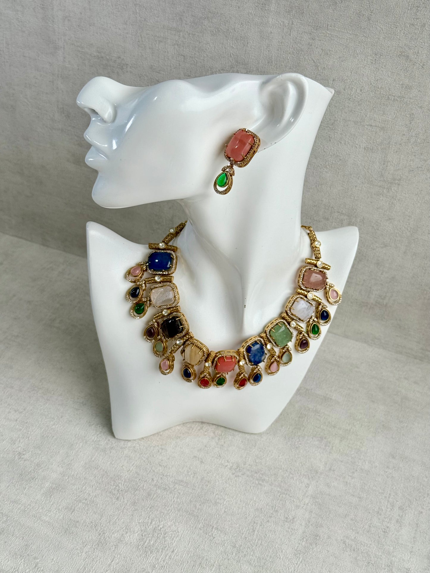 Ayura Designs Adelaide Necklace Set with Earrings – Multicolour Moissanite with Peach Stone Drop Earrings