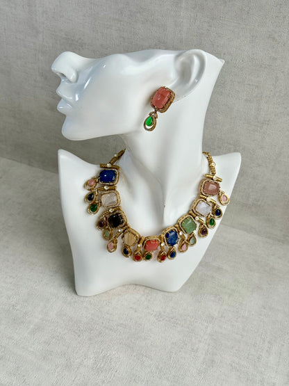 Ayura Designs Adelaide Necklace Set with Earrings – Multicolour Moissanite with Peach Stone Drop Earrings