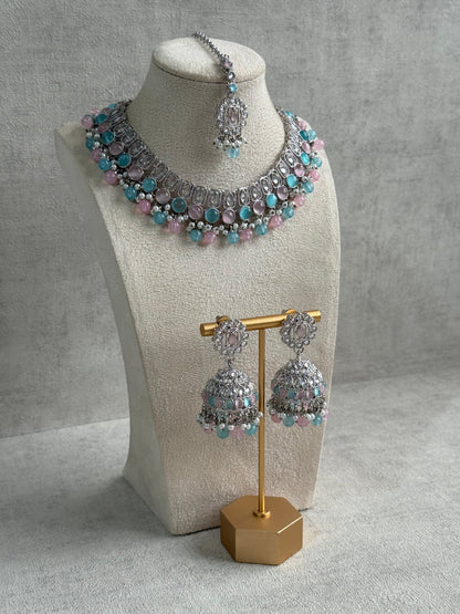 Ayura Designs Rayal Set – Silver Necklace, Jhumkis & Tikka with Aqua Blue, Blush Pink & Pearl Detailing
