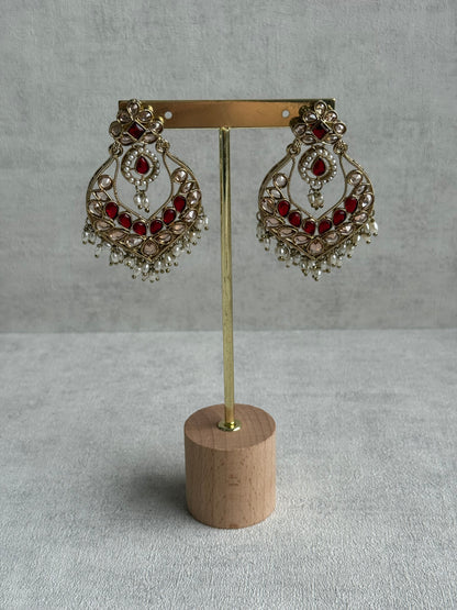 Ayura Designs Damini Tikka Set – Mirror-Cut Kundan Earrings & Tikka with Ruby Red Enamel and Pearl Detailing