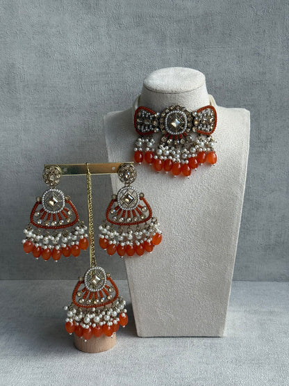 Ayura Designs Qudsia Set with Necklace, Earrings & Tikka – Burnt Orange Stones, Kundan Detailing & Antique Gold Finish