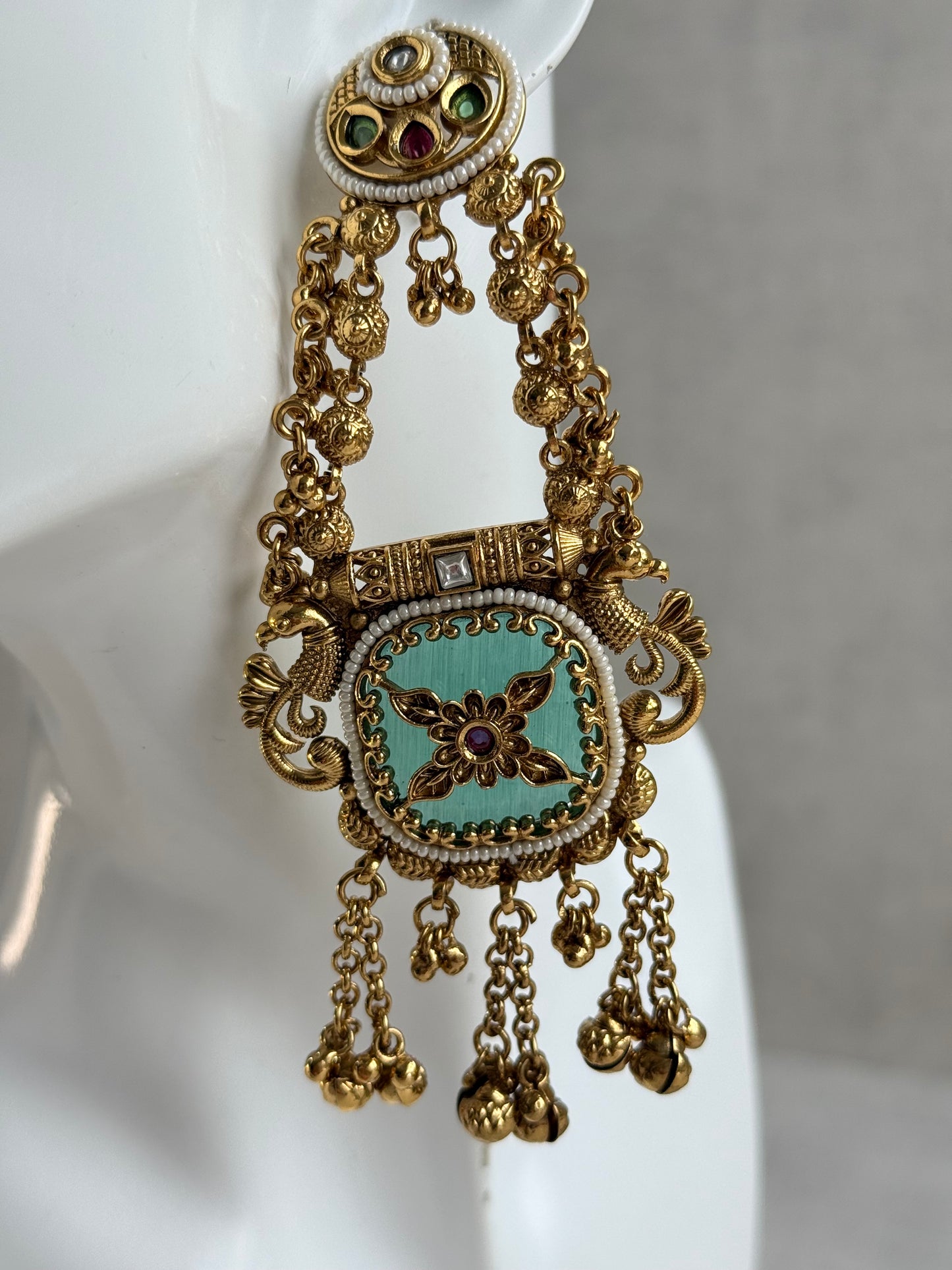 Ayura Designs Hazar Earrings – Gold Peacock Design with Mint Green Enamel, Multicoloured Stones, Pearl Beading & Ghungroo Detailing