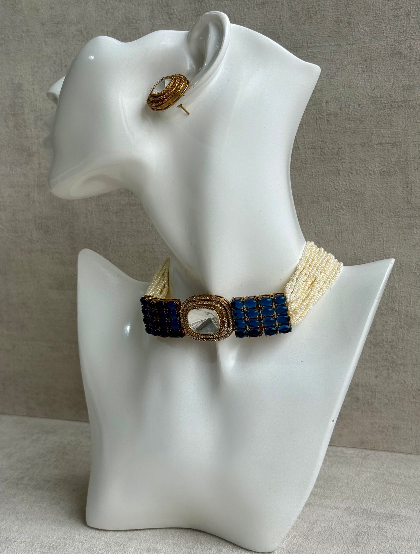 Ayura Designs Emma Choker Set – Sapphire Blue Gemstone Choker & Studs with Mirror-Cut Centrepiece, Pearl Strands & Crystal Borders
