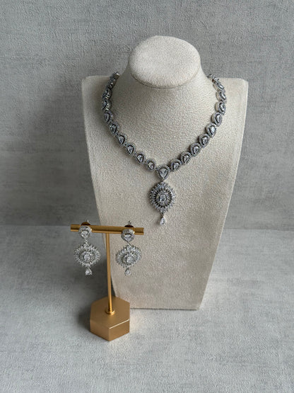 Ayura Designs Bella Set – Silver Necklace & Earrings with Teardrop Moissanite Stones & Radiant Halo Design