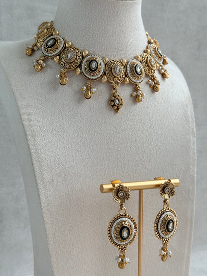 Ayura Designs Livia Necklace Set with Earrings – Green Enamel, Kundan & Pearl Detailing in Antique Gold Finish