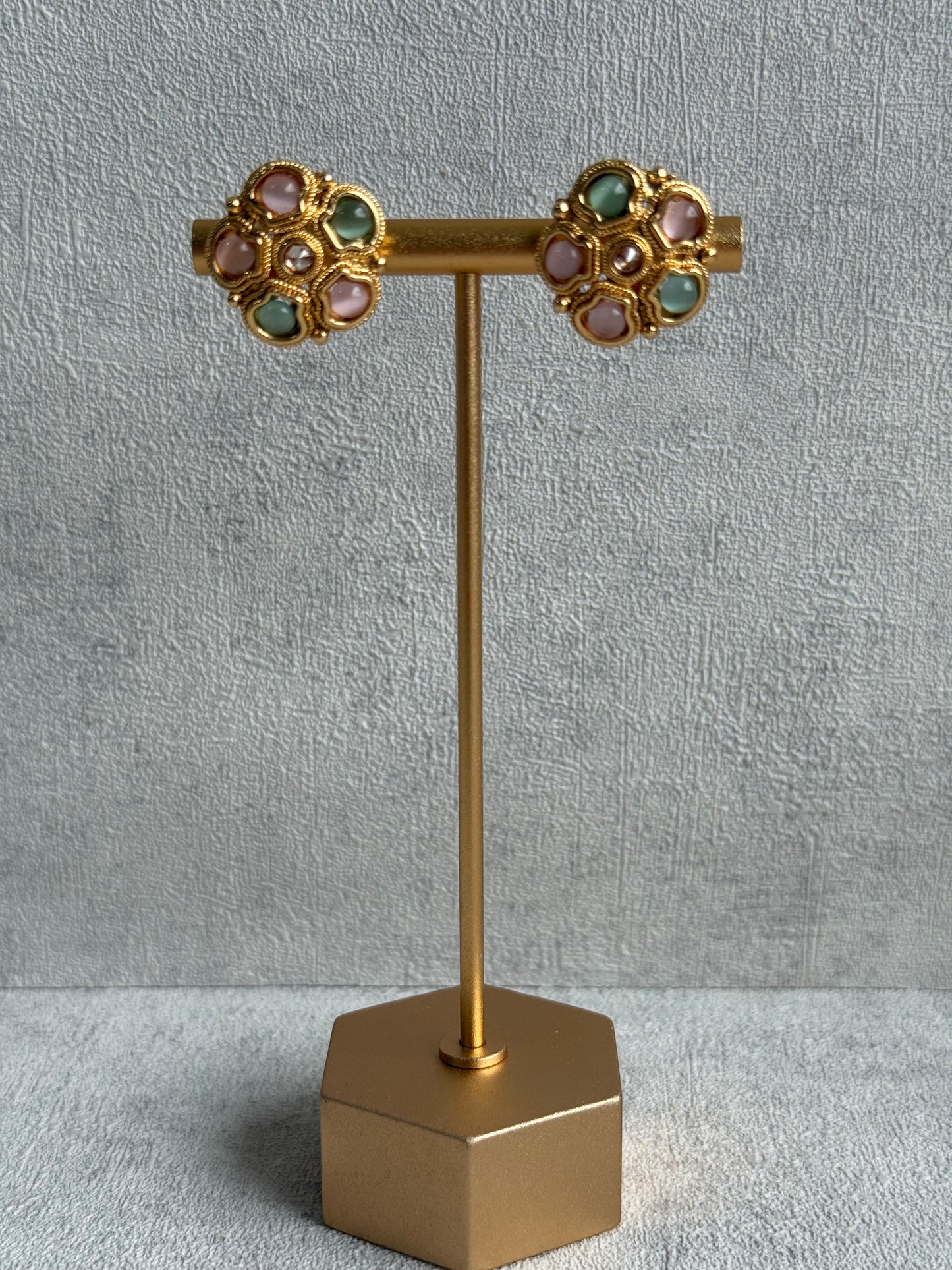 Ayura Designs Amala Set with Necklace, Studs & Tikka – Blush Pink & Pistachio Green Stones, Antique Gold Finish