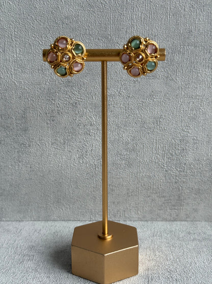 Ayura Designs Amala Set with Necklace, Studs & Tikka – Blush Pink & Pistachio Green Stones, Antique Gold Finish