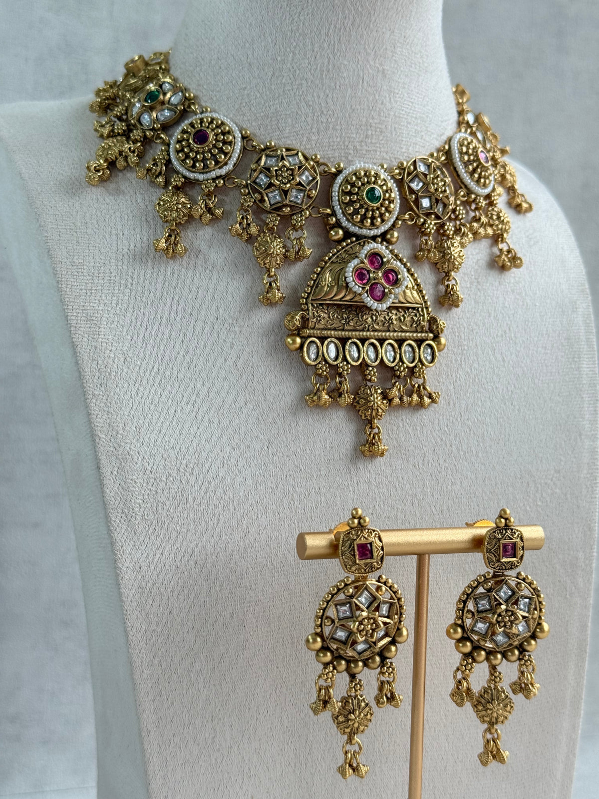 Ayura Designs Kriti Necklace Set with Earrings – Antique Gold Multicolour Kundan Design with Pearls & Ghungroo Detailing