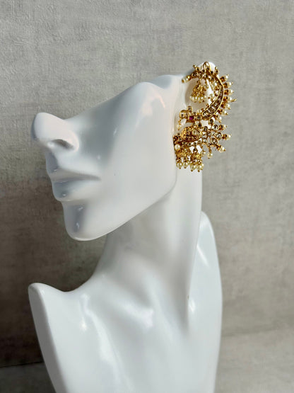 Ayura Designs Megha Half Ear Cuff Earrings – Gold Peacock Motif with Kundan Crystals, Pink Stone Accents & Pearl Jhumka Drops