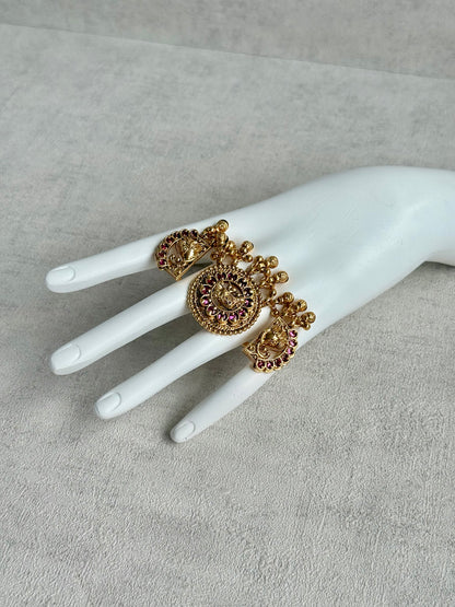 Ayura Designs Nira Adjustable Ring – Jadau-Inspired Elephant Motifs with Rani Pink Stones, Pearl Drops & Ghungroos