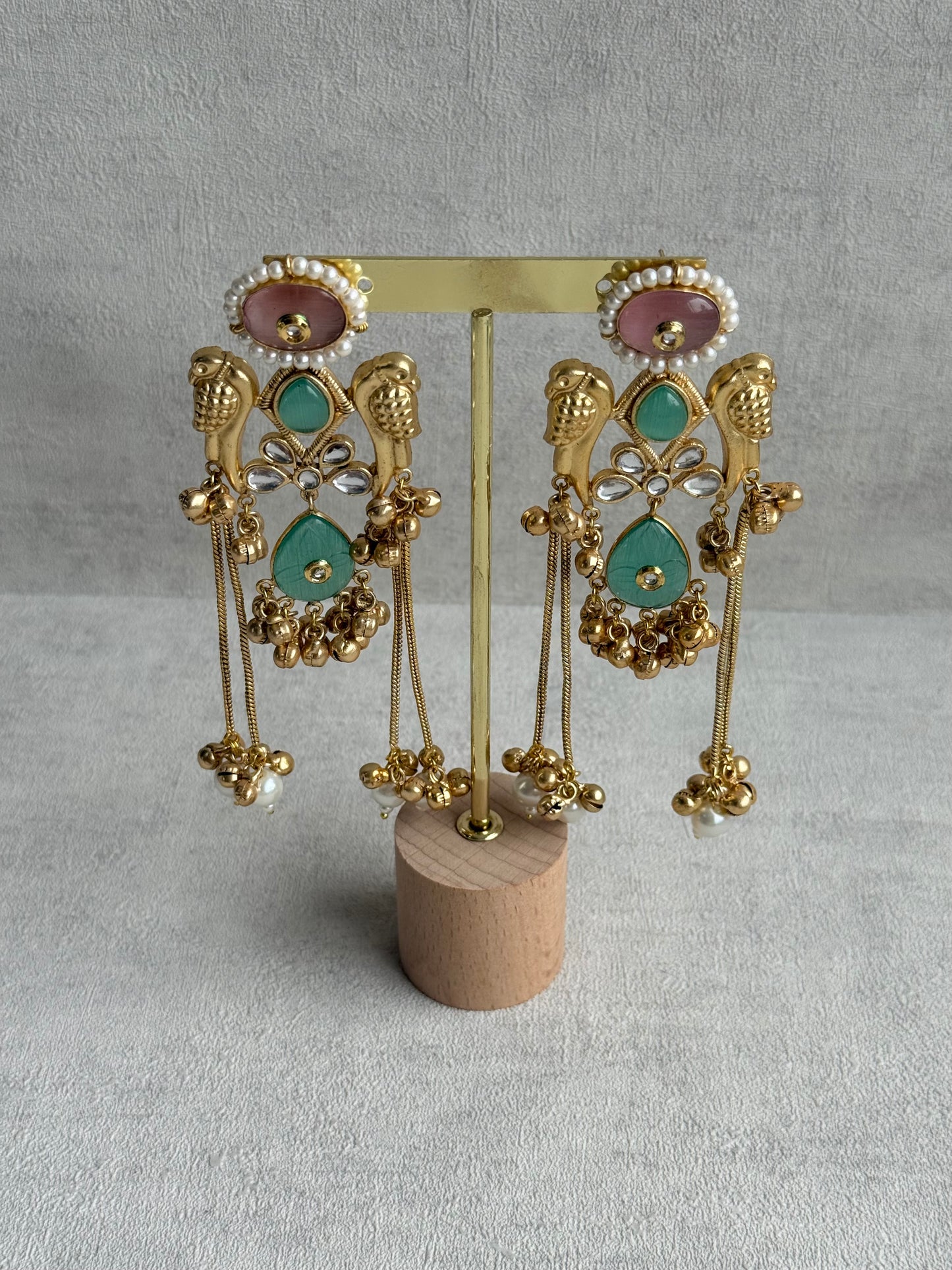 Ayura Designs Mehrun Earrings – Kashmiri Earrings with Mint Green Stones, Blush Pink Detailing & Pearl Drop Chains