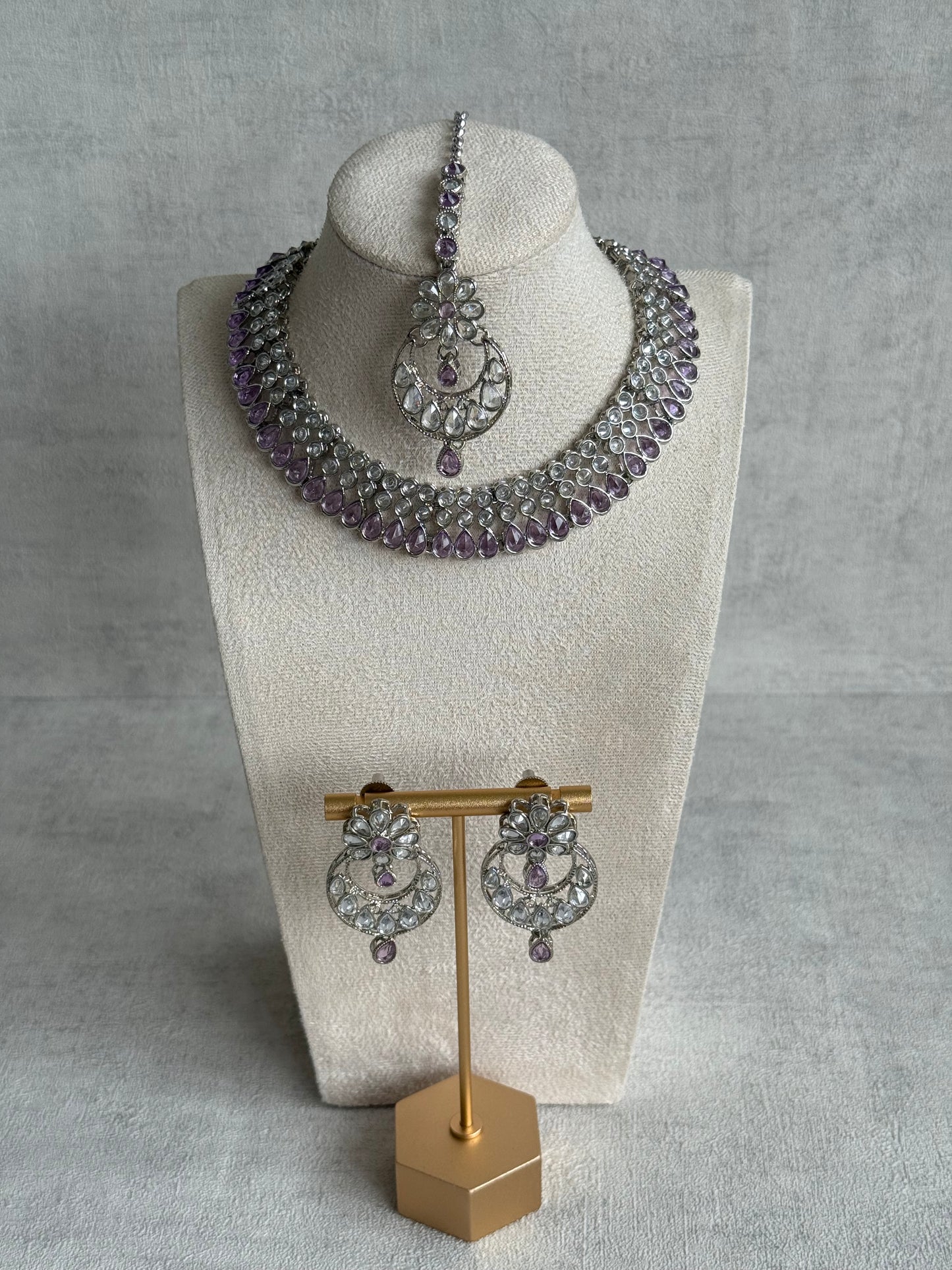 Ayura Designs Qirat Set with Earrings & Tikka – Soft Lilac Stones, Mirror-Cut Detailing & Silver Finish