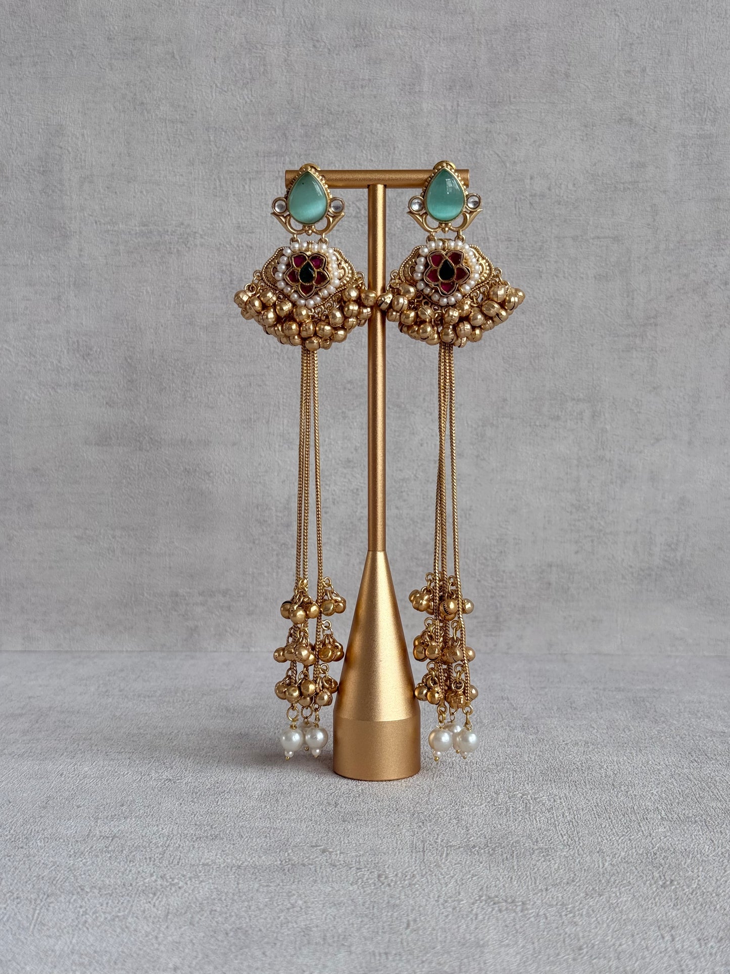 Ayura Designs Nishat Earrings – Kashmiri Duster Earrings with Mint Green Stones, Pearl Drops & Ghungroo Detailing