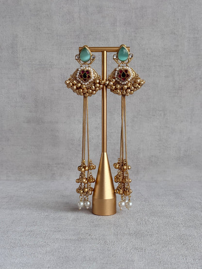 Ayura Designs Nishat Earrings – Kashmiri Duster Earrings with Mint Green Stones, Pearl Drops & Ghungroo Detailing