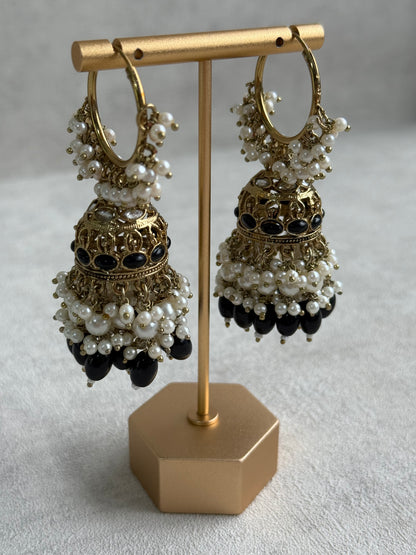 Ayura Designs Jugni Jhumkis – Antique Gold Balis with Black Beads & Pearl Clusters
