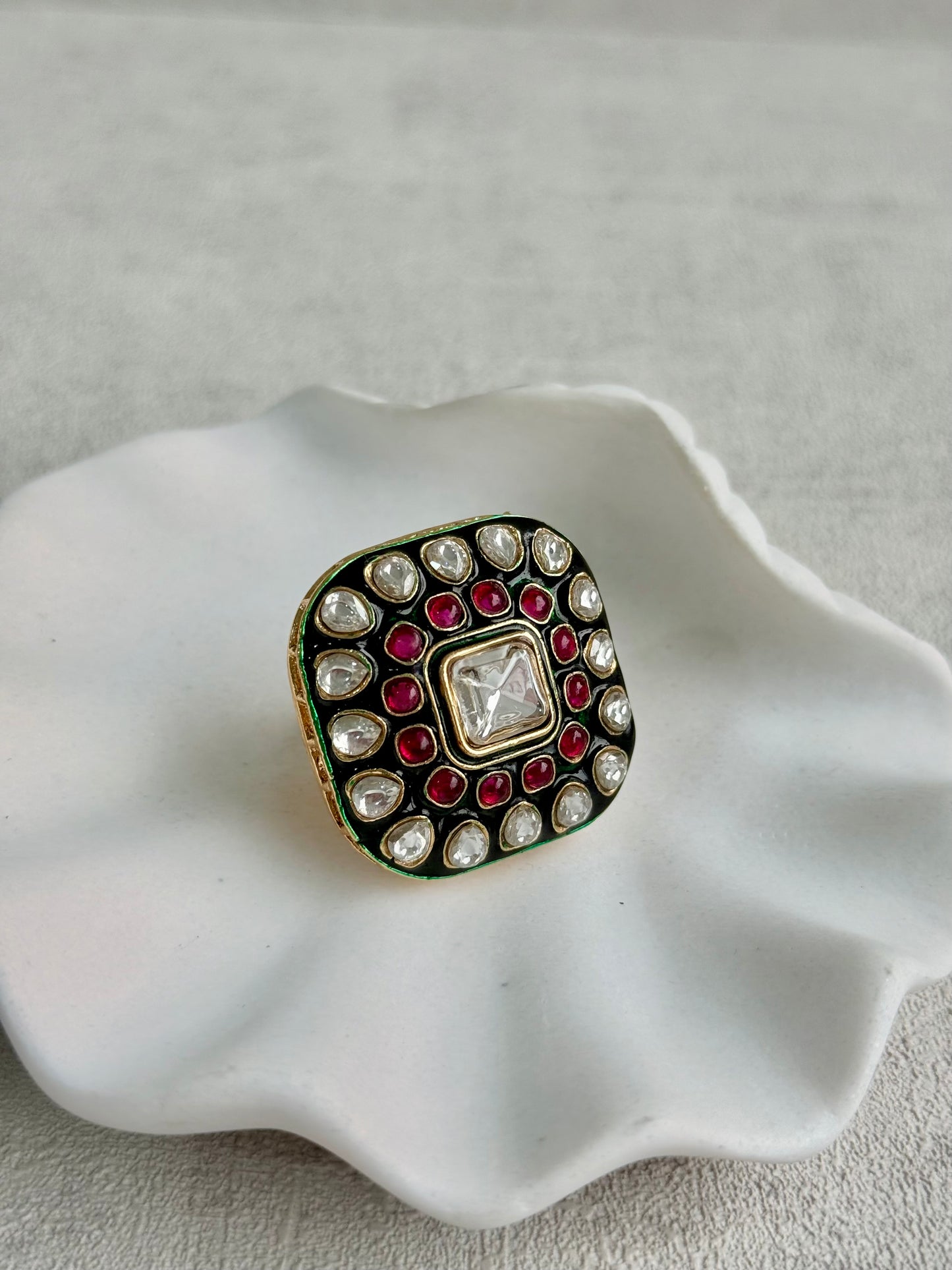 Ayura Designs Arzoo Adjustable Ring – Mirror-Cut Stone Centre with Ruby Pink Stones, Green Enamel & Crystal Detailing