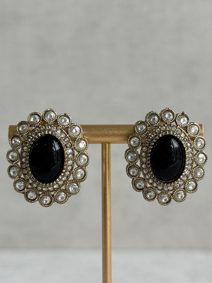 Ayura Designs Inza Necklace Set – Black Stones, Kundan & Crystals with Antique Gold Finish