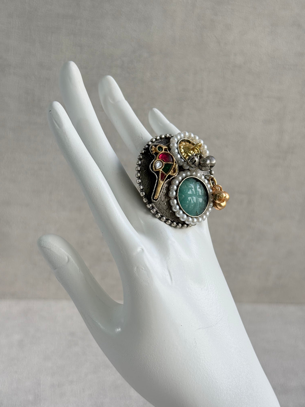 Ayura Designs Mihika Adjustable Ring – Oxidised Statement Ring with Green Stone, Pearl Detailing & Parrot Motif