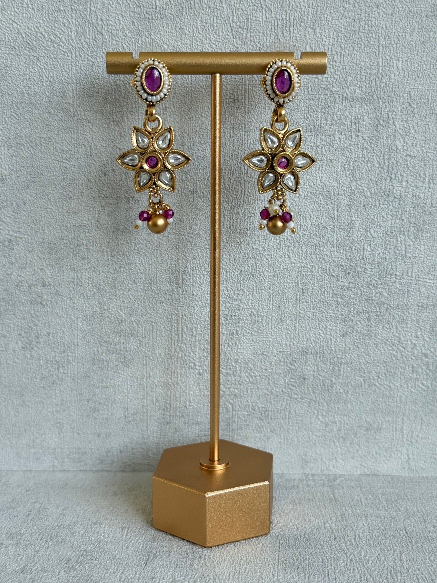 Ayura Designs Daksha Necklace Set with Earrings – Gold Layered Chain Necklace with Ruby Pink Kundan Floral Motifs