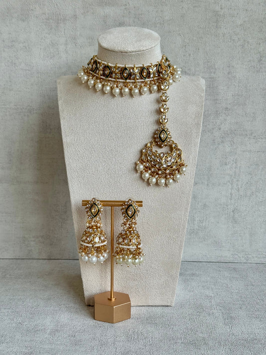 Ayura Designs Khwaab Set with Jhumkis & Tikka – Mirror-Cut Stones with Ivory Pearl Drop Detailing