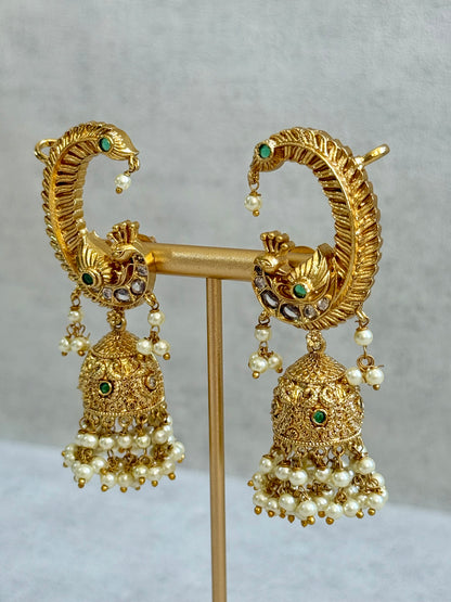 Ayura Designs Mythili Jhumkis – Half Ear Cuffs in Antique Gold with Peacock Design, Emerald Green Stones and Pearl Drops