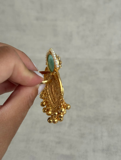 Ayura Designs Sorcha Adjustable Ring – Pistachio Green Enamel, Pearl Detailing, Antique Gold & Mirror-Cut Stones