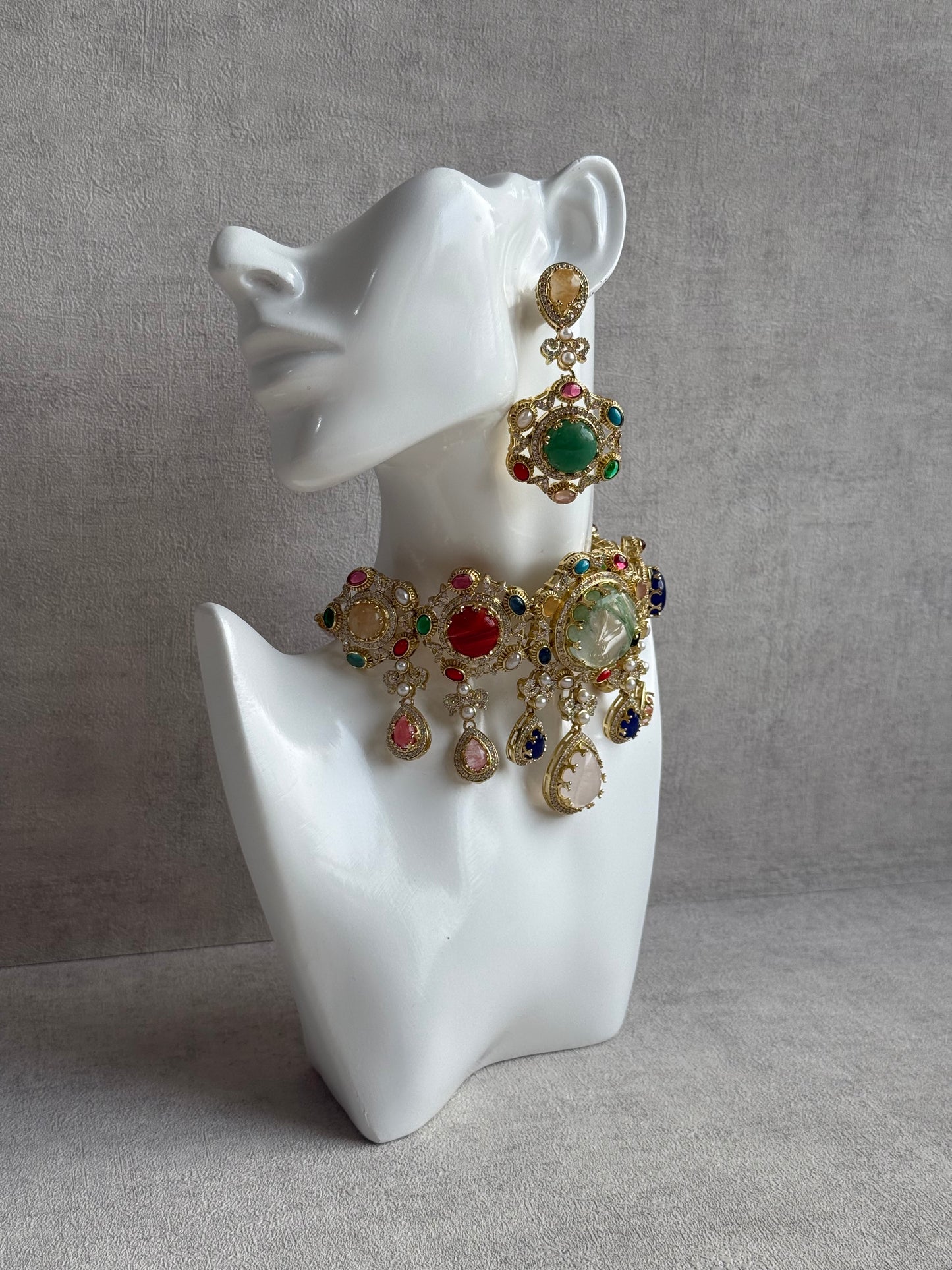 Ayura Designs Willow Choker Set – Statement Multicolour Stone Choker with Pearls & Antique Gold Detailing