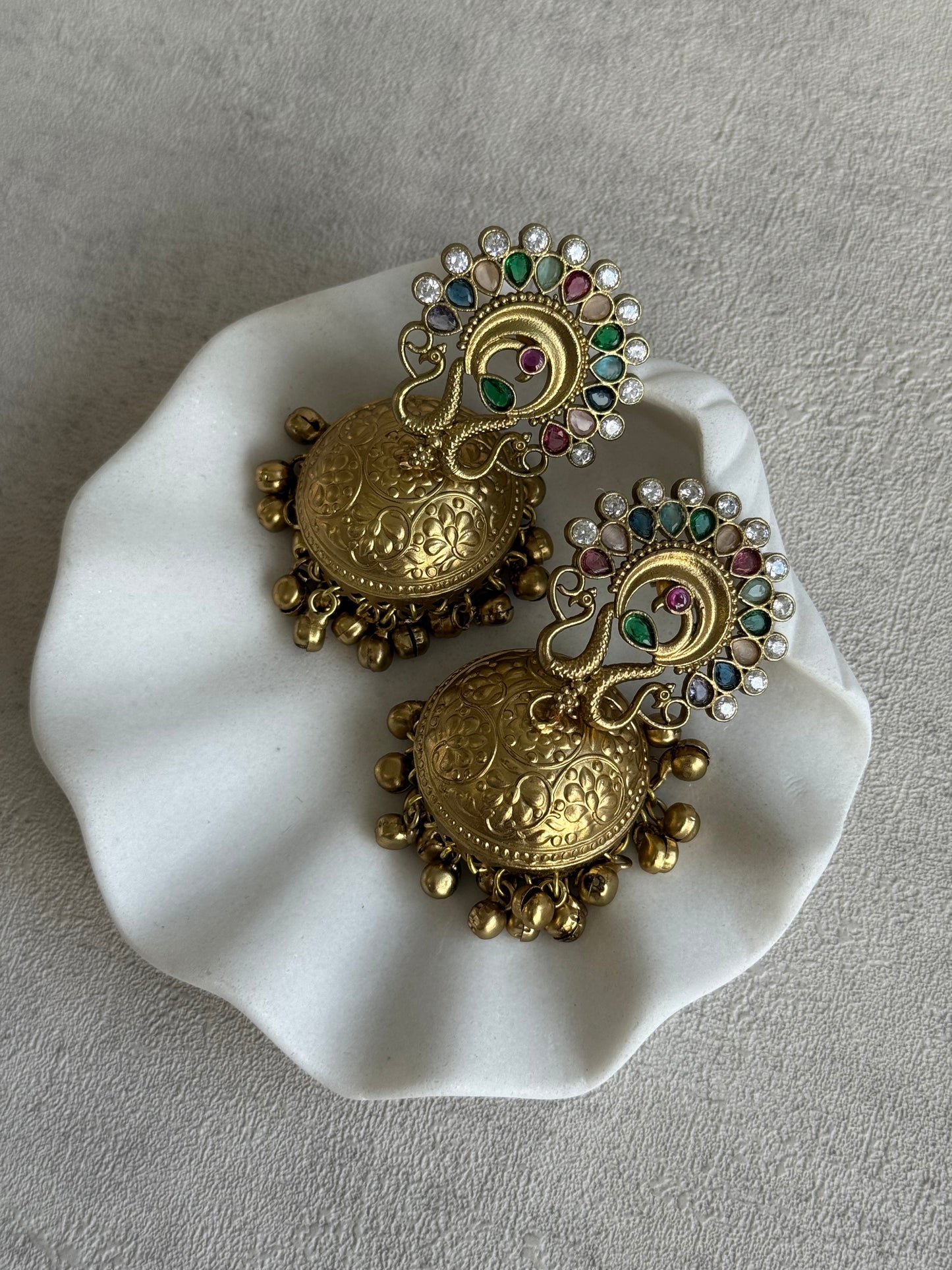 Ayura Designs Moraya Jhumkis – Multicolour Peacock Motif with Antique Gold Detailing
