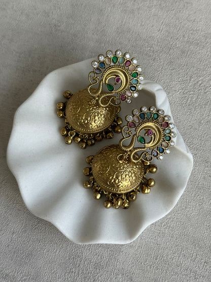 Ayura Designs Moraya Jhumkis – Multicolour Peacock Motif with Antique Gold Detailing