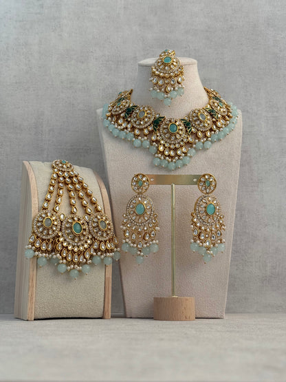Ayura Designs Zara Set with Necklace, Earrings, Tikka & Passa – Antique Gold with Kundan Detailing & Aqua Blue Beads