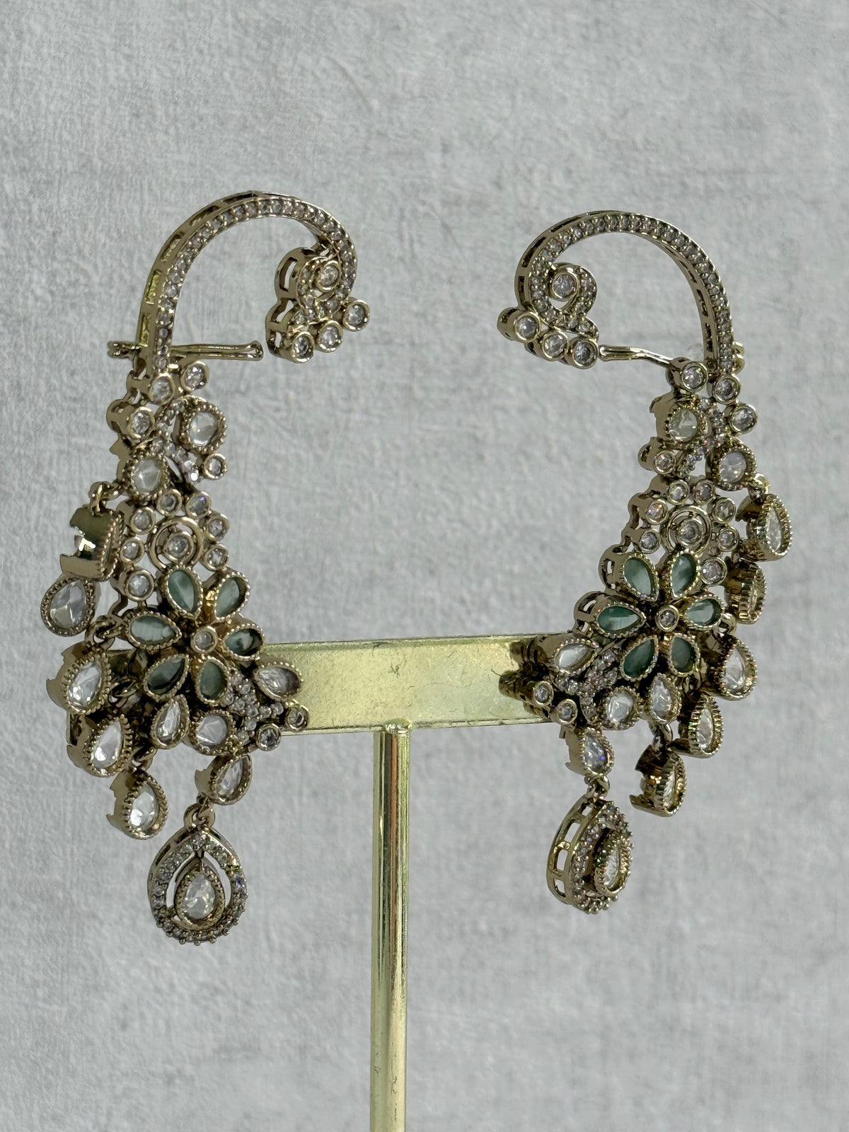 Ayura Designs Aksara Kaanphool Earrings – Mint Green Stones, Kundan, Crystals & Antique Gold Finish