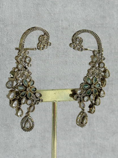 Ayura Designs Aksara Kaanphool Earrings – Mint Green Stones, Kundan, Crystals & Antique Gold Finish