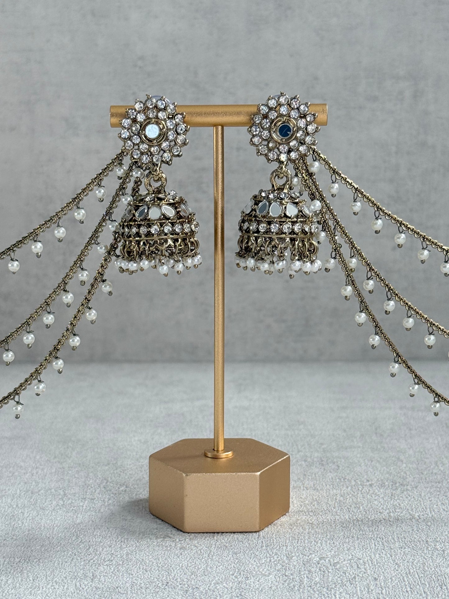 Ayura Designs Aks-e-Noor Jhumkis – Antique Gold Mirror & Crystal Earrings with Detachable Triple-Layer Pearl Sahare