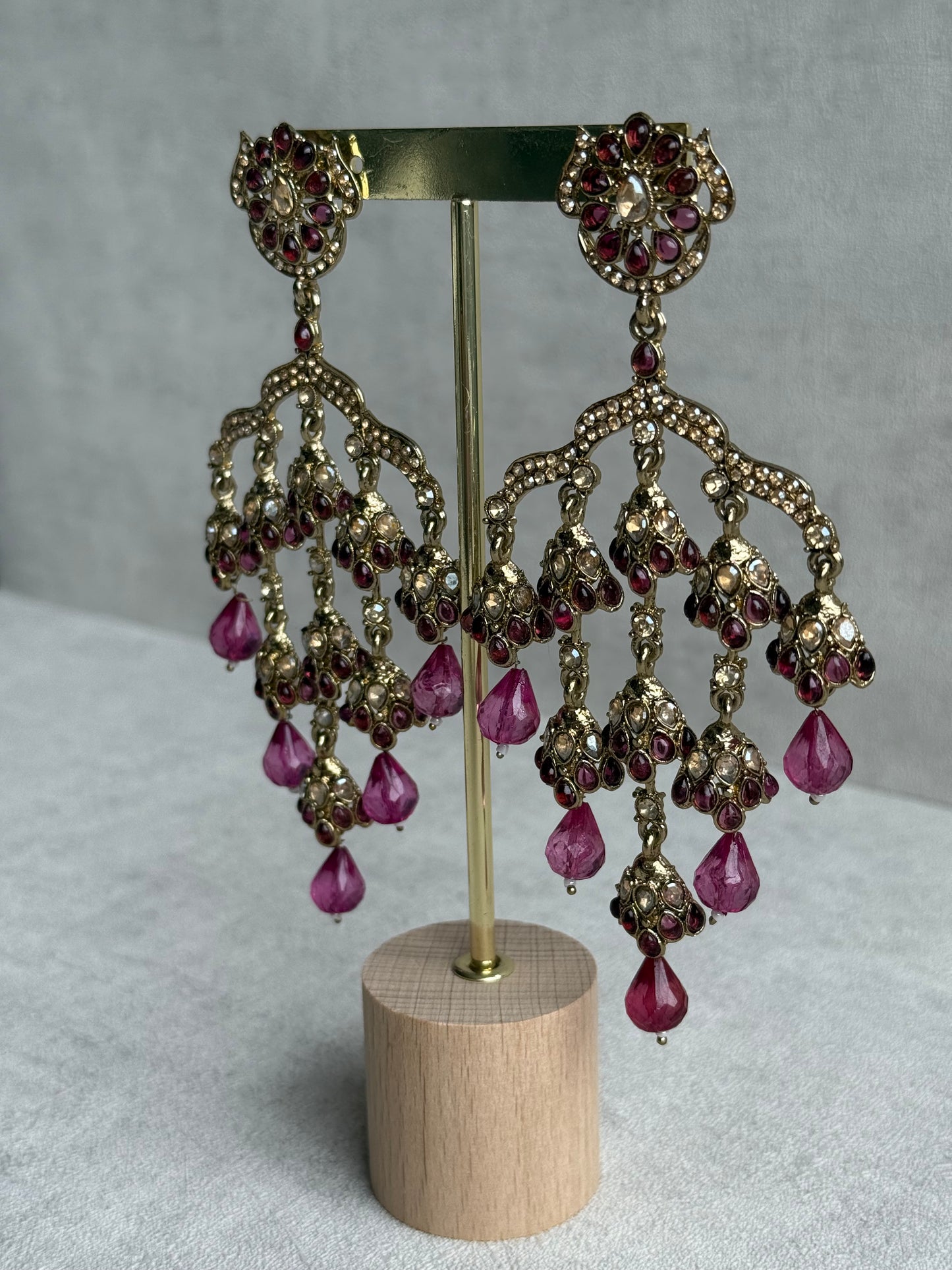 Ayura Designs Jasmine Earrings – Chandelier Earrings with Rose Pink Beads & Antique Gold Detailing