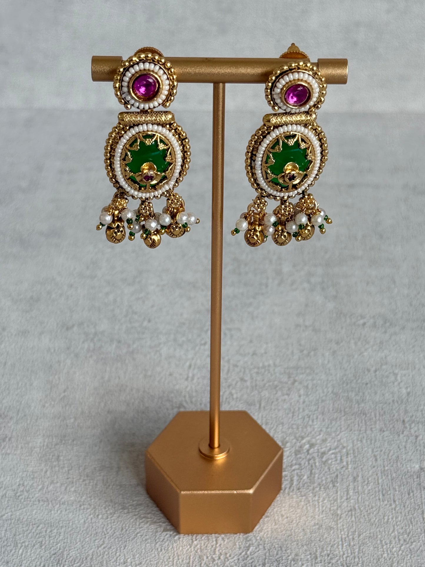 Ayura Designs Enjal Earrings – Emerald Green Enamel, Pearl Beading, Pink Stone & Gold Finish