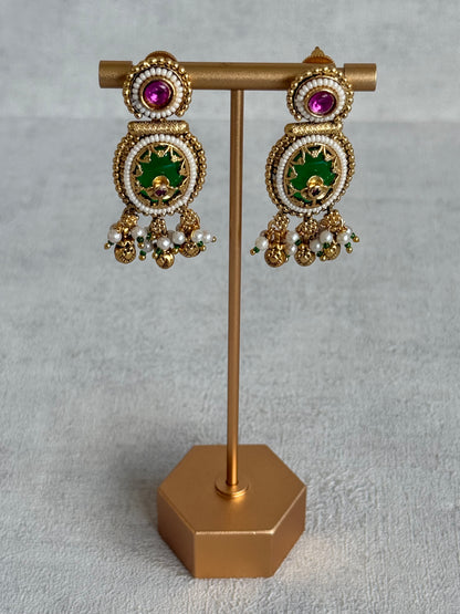 Ayura Designs Enjal Earrings – Emerald Green Enamel, Pearl Beading, Pink Stone & Gold Finish