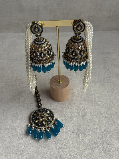 Ayura Designs Amrita Set – Jhumkis with Sahare & Tikka in Peacock Blue Beads, Pearls and Antique Gold Finish