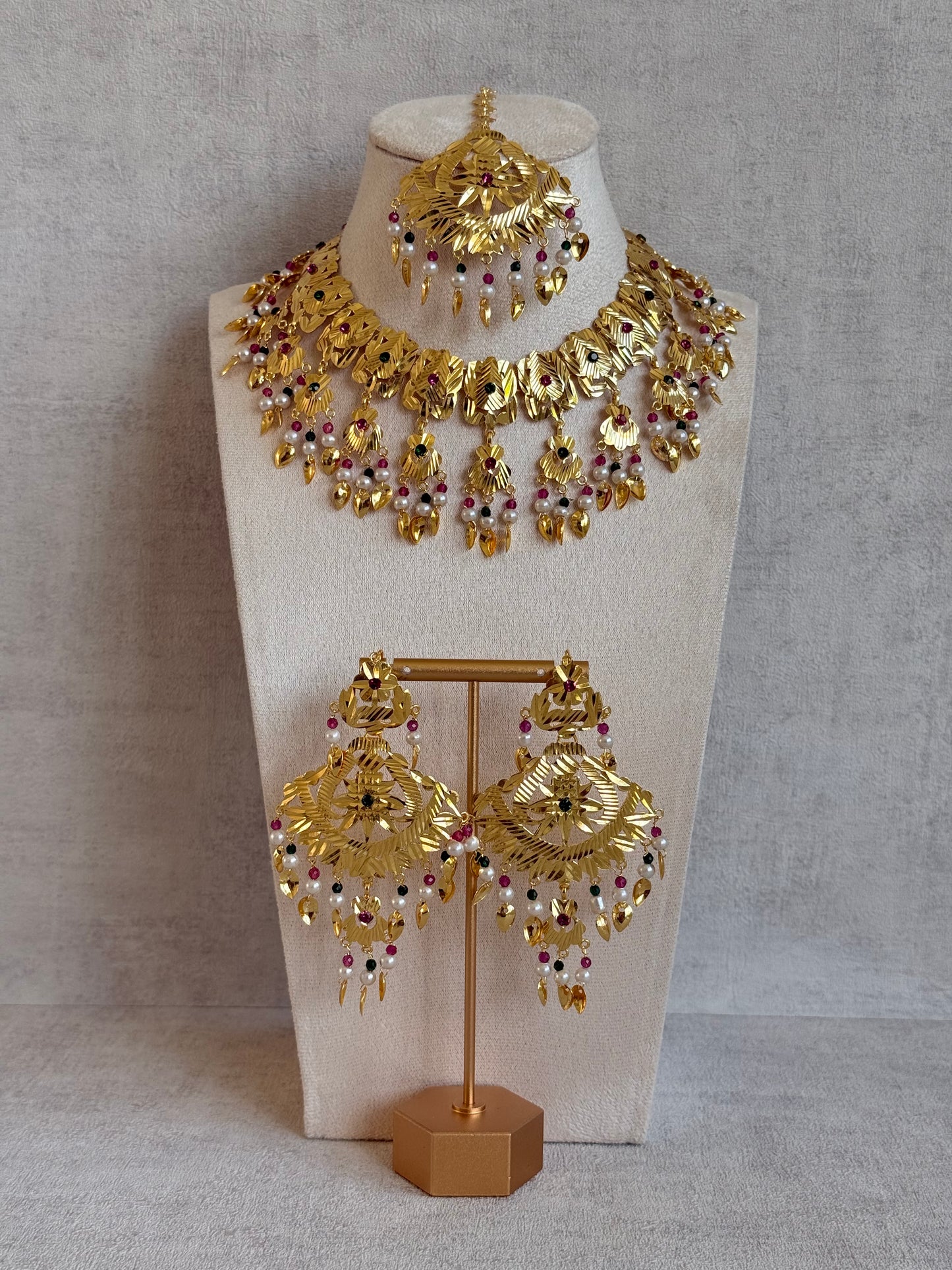 Ayura Designs Baisakhi Set with Earrings & Tikka – Gold Pipal Patti Design with Ruby Pink, Emerald Green & Pearl Detailing