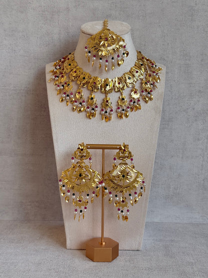 Ayura Designs Baisakhi Set with Earrings & Tikka – Gold Pipal Patti Design with Ruby Pink, Emerald Green & Pearl Detailing