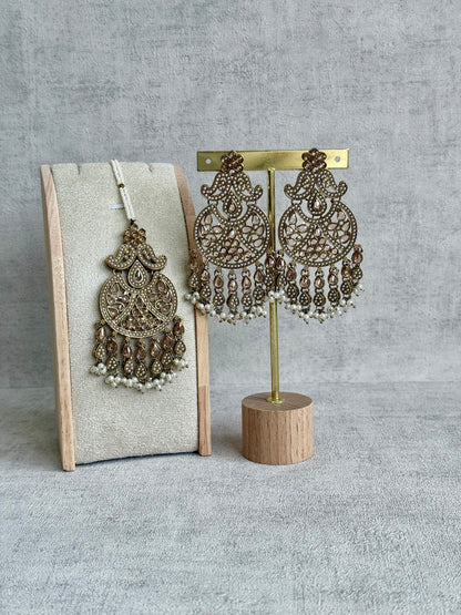 Ayura Designs Anvi Tikka Set with Earrings – Champagne Stones with Ivory Pearl Drops